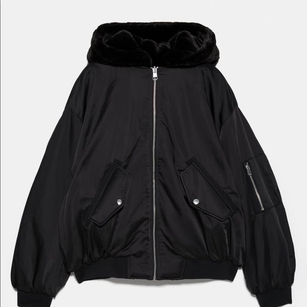 Black reversible leather/ fur bomber jacket